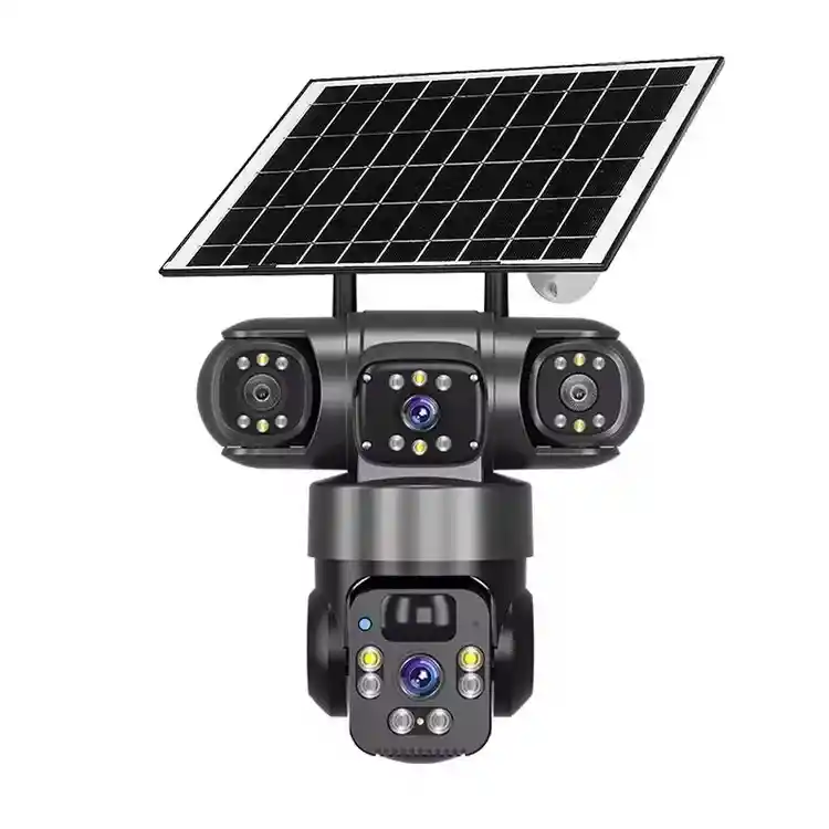 دوربین مداربسته تحت شبکه فضای باز خورشیدی سه لنز با اتصال 4G، چرخش 360 درجه، دید در شب رنگی، تشخیص حرکت، مکالمه دوطرفه، استاندارد IP66، شارژ با پنل خورشیدی و نگهداری شارژ تا 7 روز